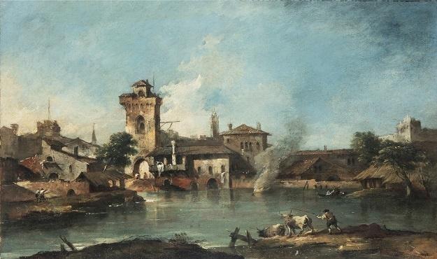 Francesco Guardi, Capriccio con torre rustica e velieri, 1760-70 ca.